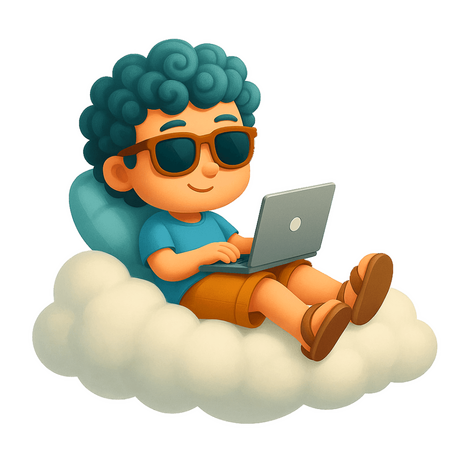 Devdreams logo. A boy chilling on a cloud with his laptop writing code
