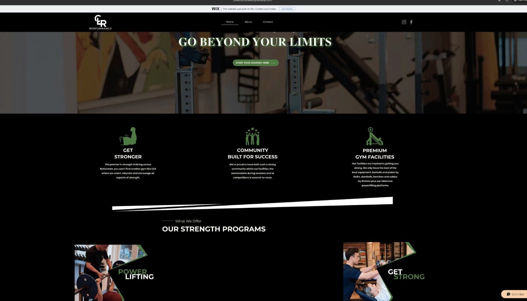 The old CLR Performance website: scattered layout, stock photos and no clear brand style.